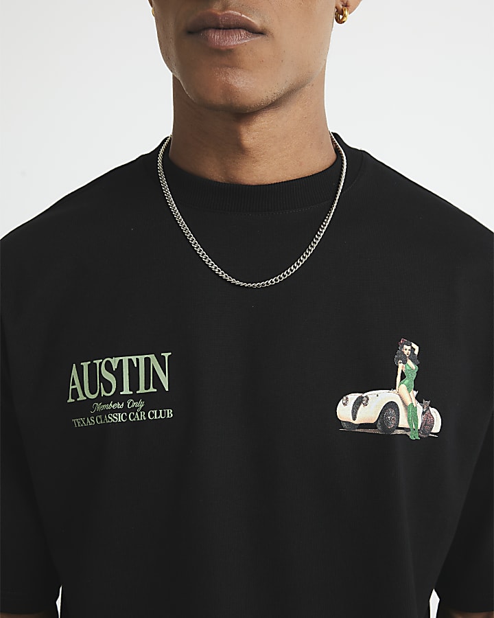 River Island Black Oversized Fit Austin Car T-Shirt