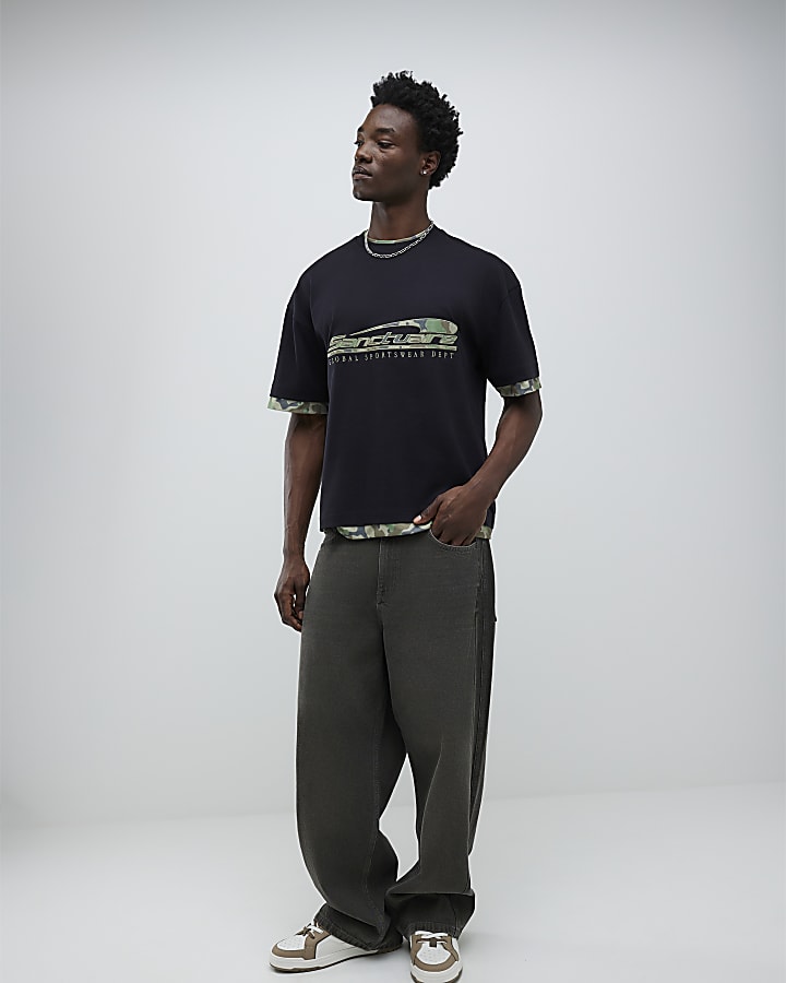 River Island Black Oversized Fit Camo Sanctuaire T-Shirt