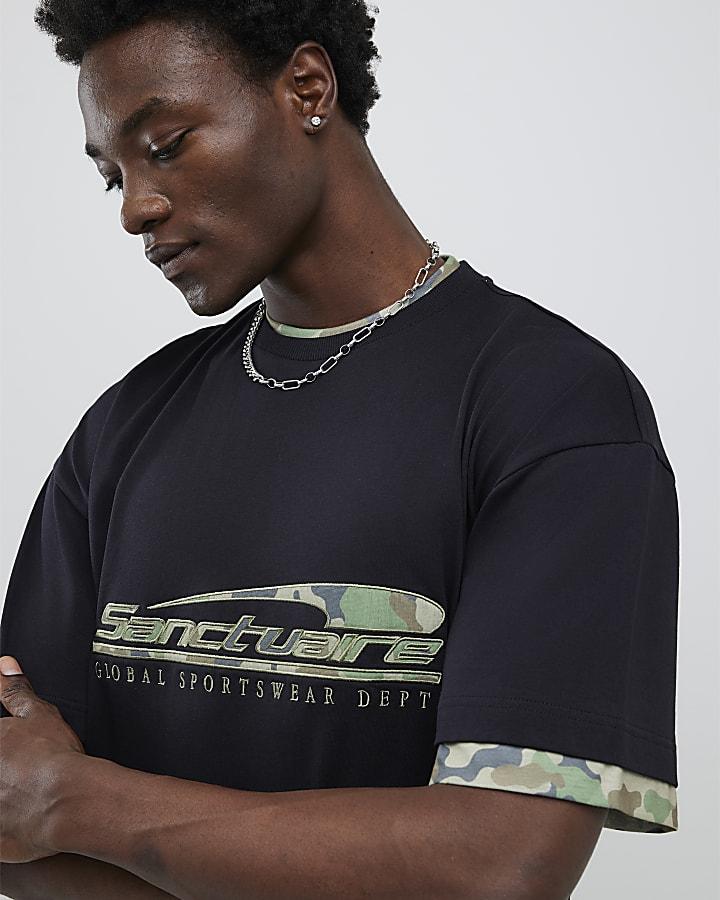 River Island Black Oversized Fit Camo Sanctuaire T-Shirt