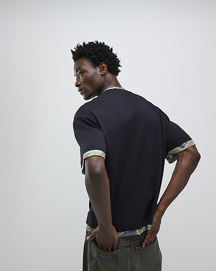 River Island Black Oversized Fit Camo Sanctuaire T-Shirt