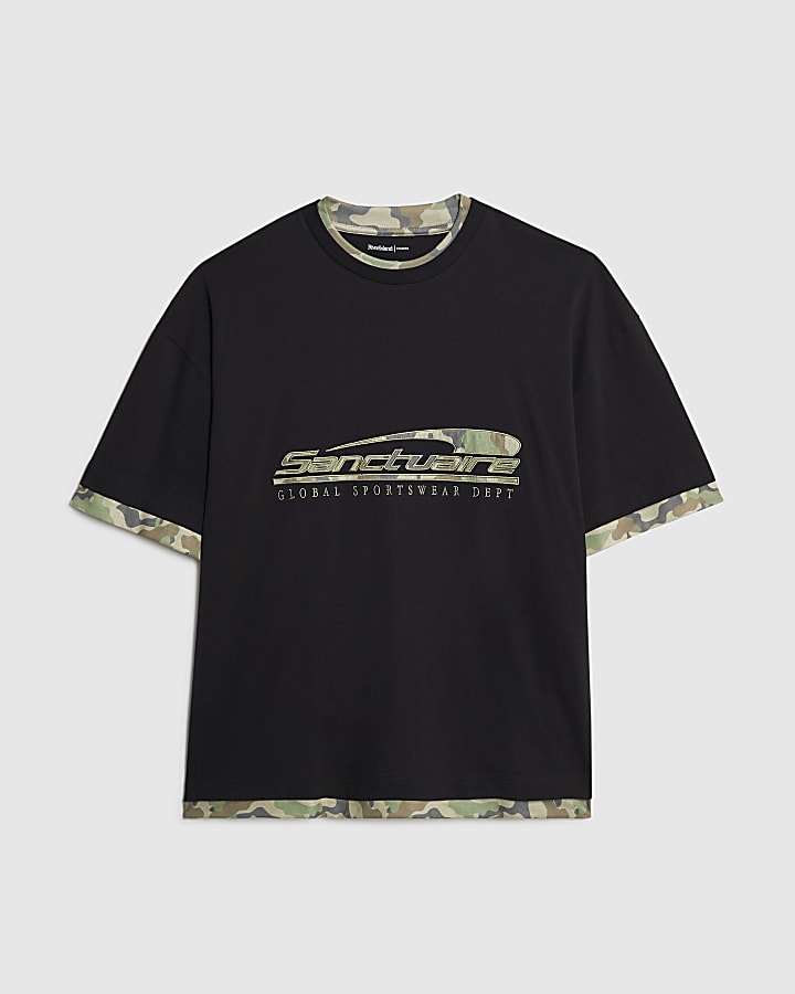 river island Black Oversized Fit Camo Sanctuaire T-Shirt