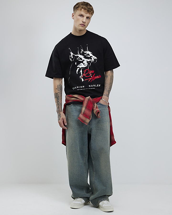 River Island Black Oversized Fit Doberman Alpha T-Shirt