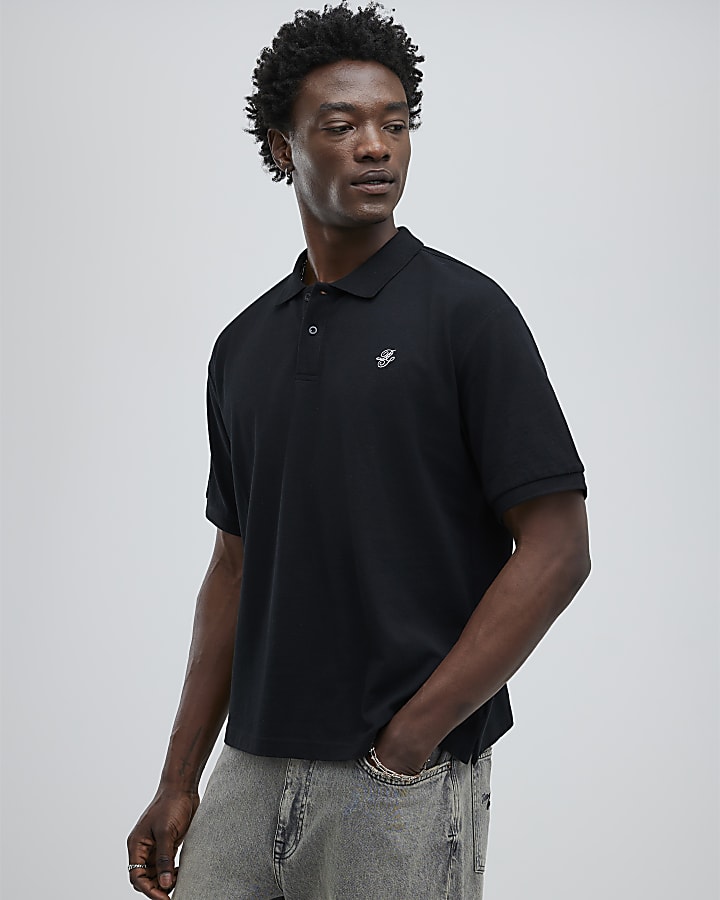 River Island Black Oversized Fit Embroidered Polo Shirt