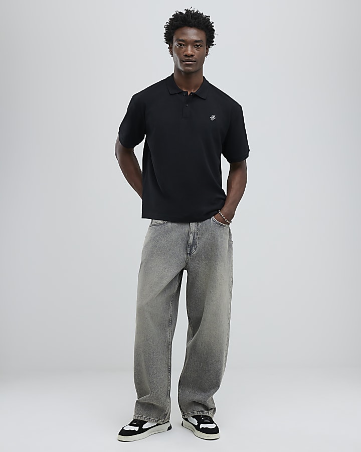 River Island Black Oversized Fit Embroidered Polo Shirt
