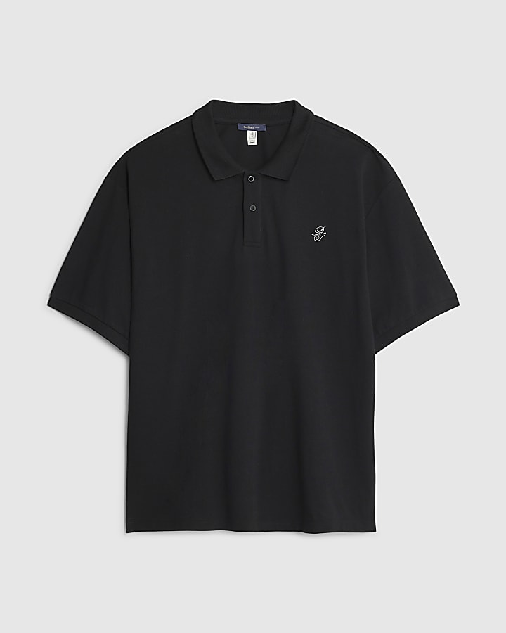 river island Black Oversized Fit Embroidered Polo Shirt