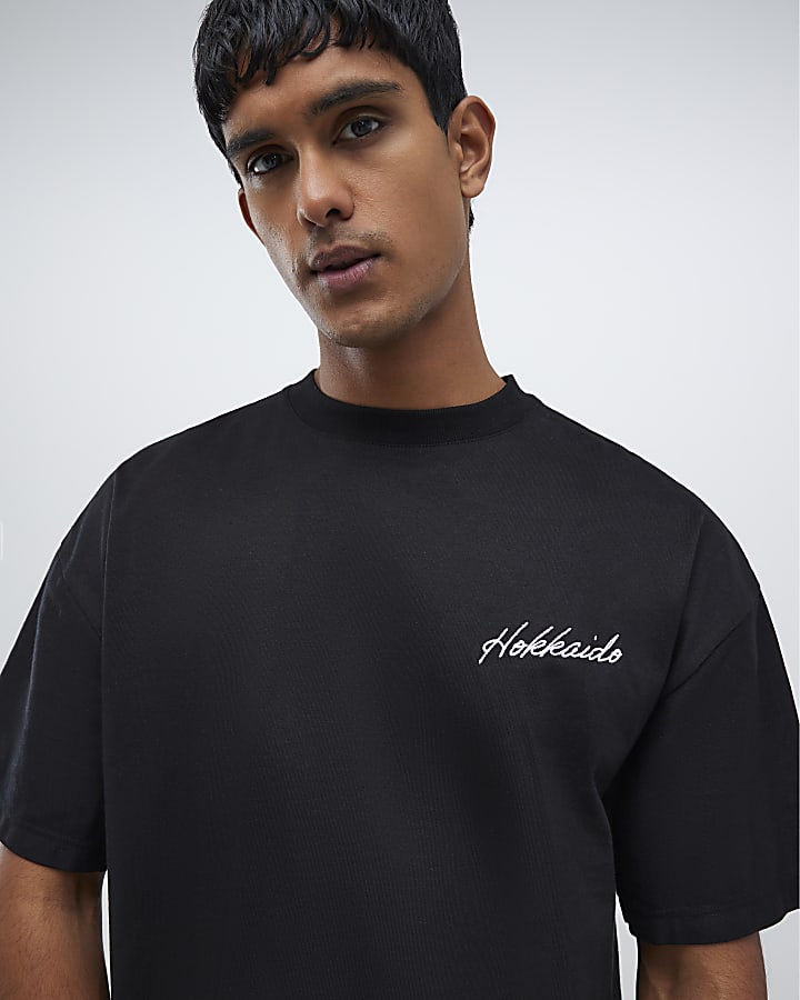 River Island Black Oversized Fit Hokkaido Beaded T-Shirt