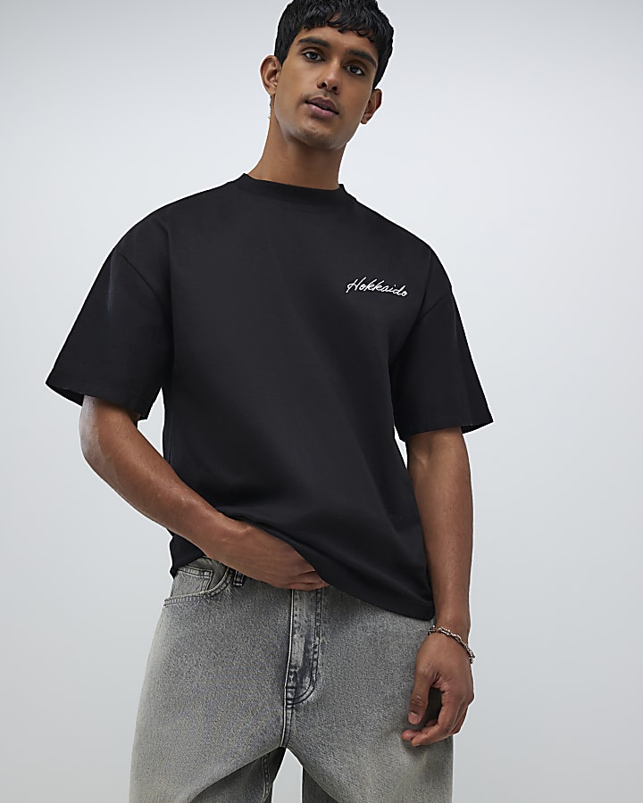 River Island Black Oversized Fit Hokkaido Beaded T-Shirt
