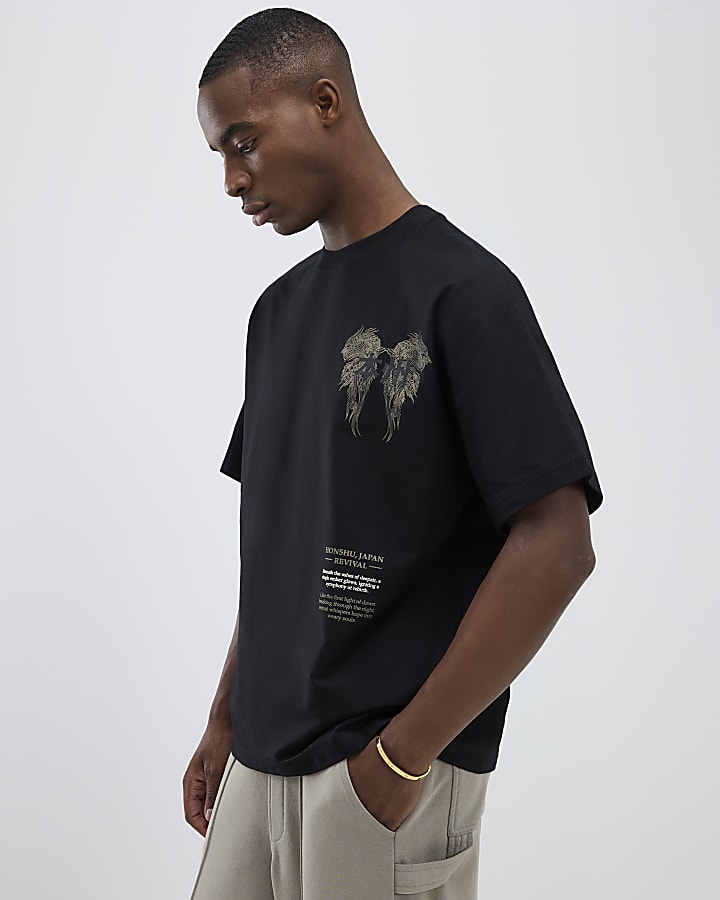 River Island Black Oversized Fit Honshu Beasty T-Shirt