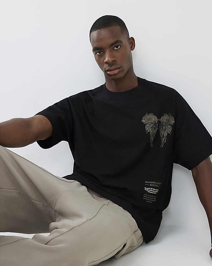 River Island Black Oversized Fit Honshu Beasty T-Shirt
