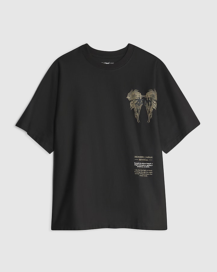 river island Black Oversized Fit Honshu Beasty T-Shirt