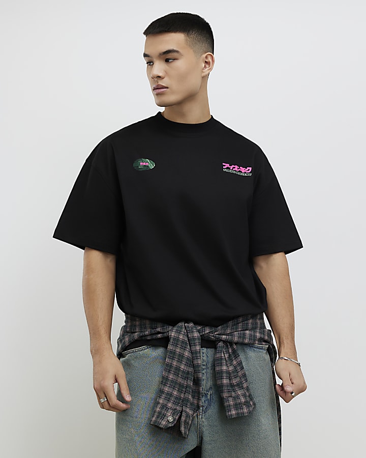 River Island Black Oversized Fit Japanese Car T-Shirt