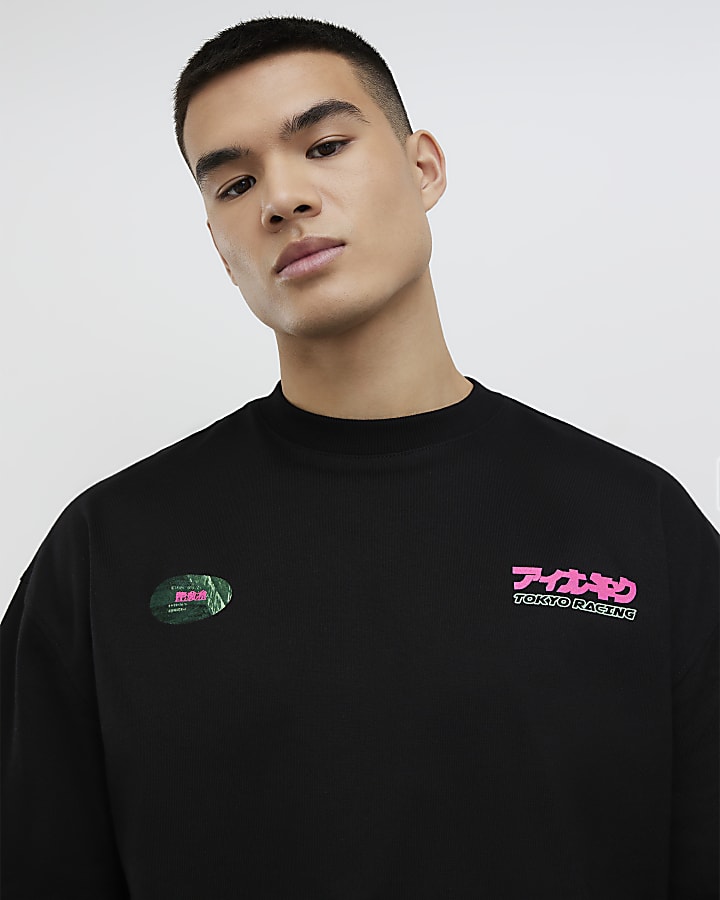 River Island Black Oversized Fit Japanese Car T-Shirt