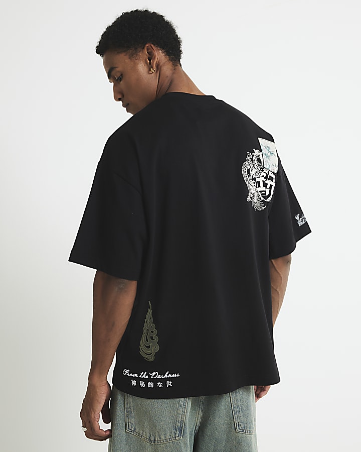 River Island Black Oversized Fit Japanese Patch T-Shirt