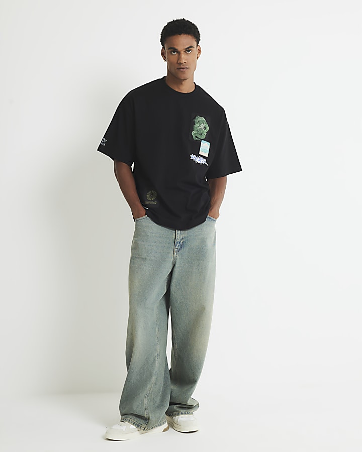 River Island Black Oversized Fit Japanese Patch T-Shirt