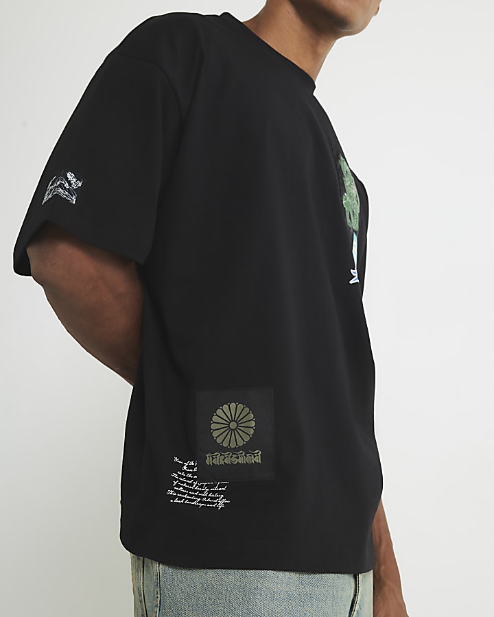 River Island Black Oversized Fit Japanese Patch T-Shirt