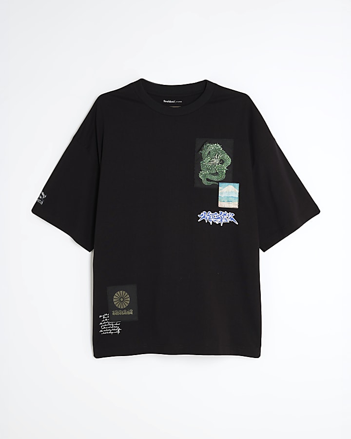 river island Black Oversized Fit Japanese Patch T-Shirt