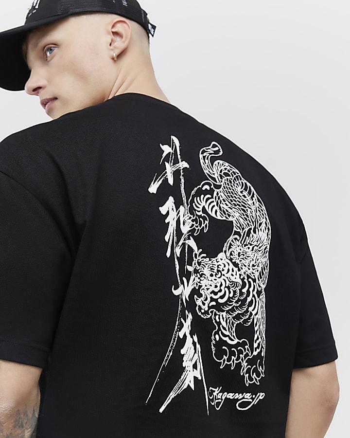 River Island Black Oversized Fit Japanese T-Shirt Set