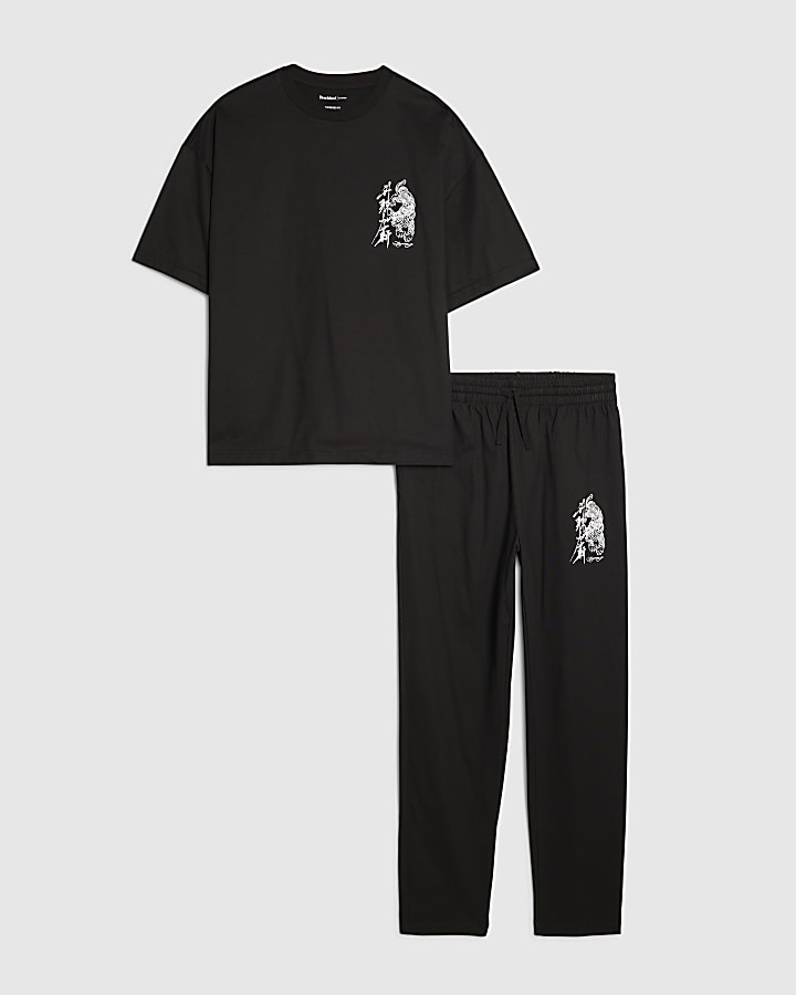 river island Black Oversized Fit Japanese T-Shirt Set