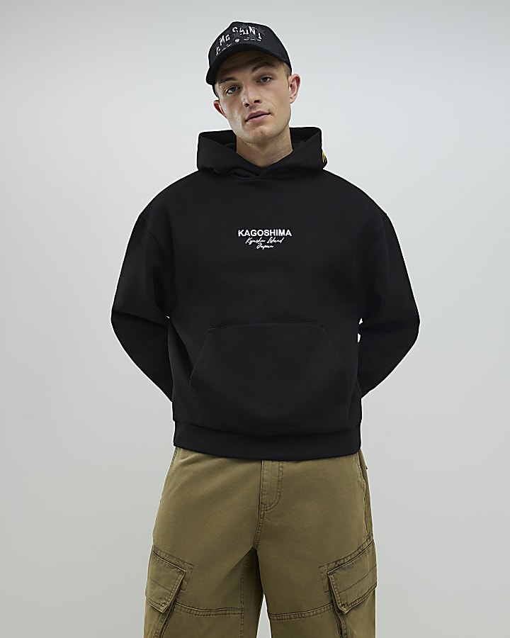 River Island Black Oversized Fit Kagoshima Dragon Hoodie
