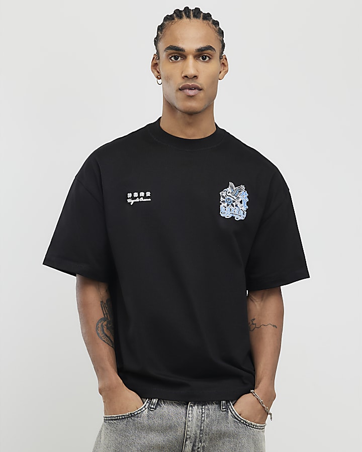 River Island Black Oversized Fit Kazaki Crane T-Shirt