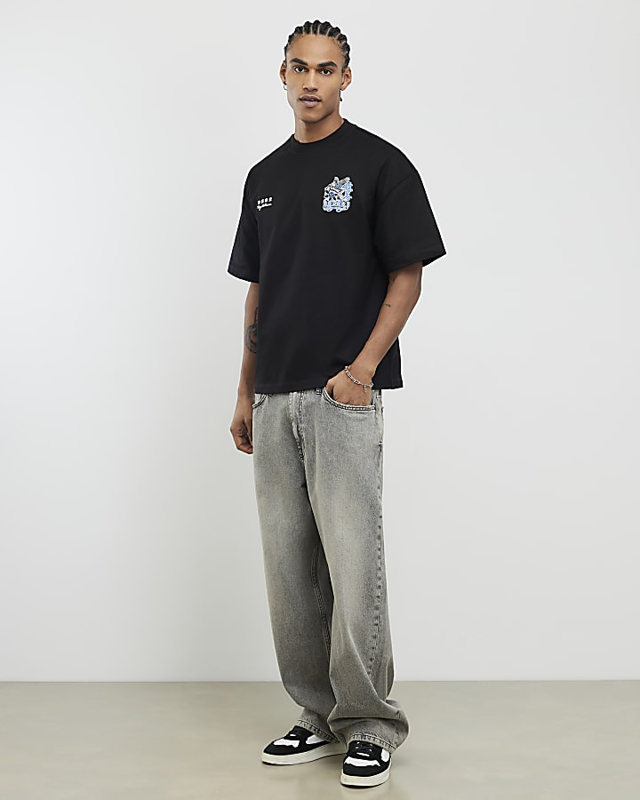 River Island Black Oversized Fit Kazaki Crane T-Shirt