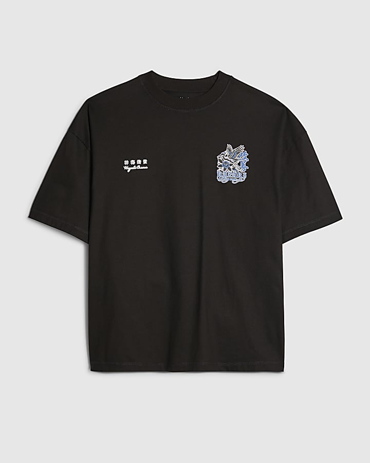 river island Black Oversized Fit Kazaki Crane T-Shirt