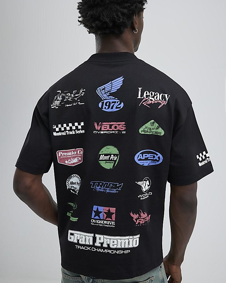 River Island Black Oversized Fit Motorsport Logos T-Shirt
