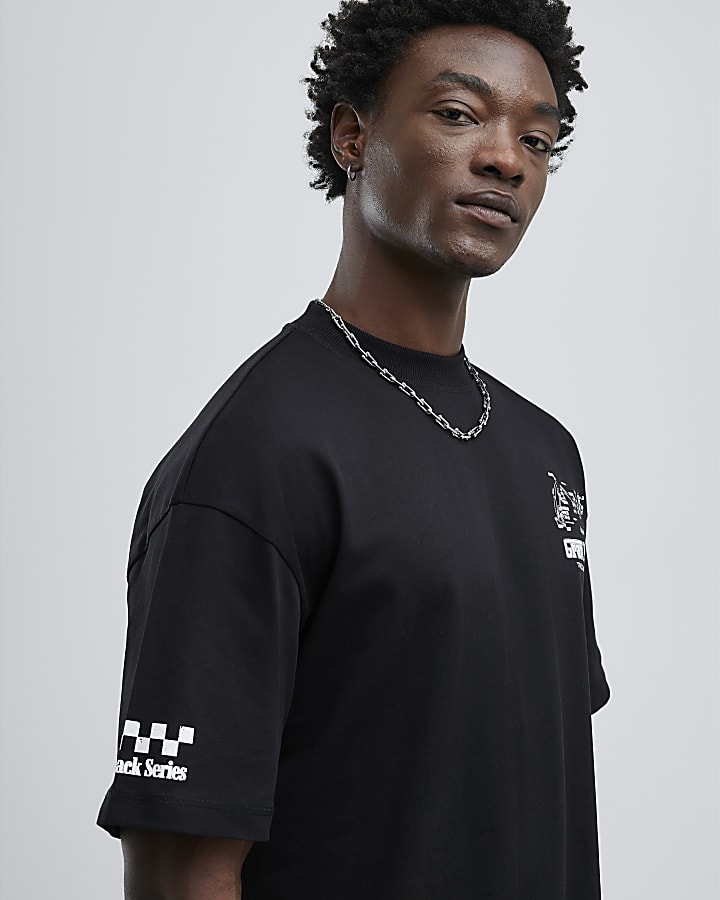 River Island Black Oversized Fit Motorsport Logos T-Shirt