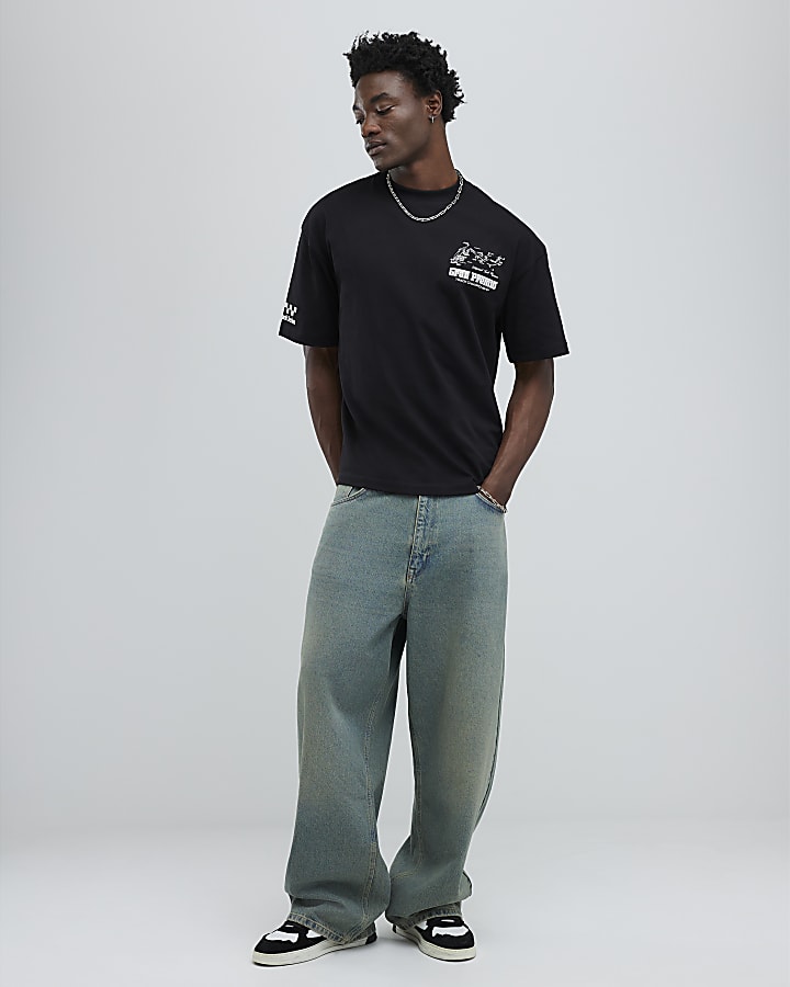 River Island Black Oversized Fit Motorsport Logos T-Shirt