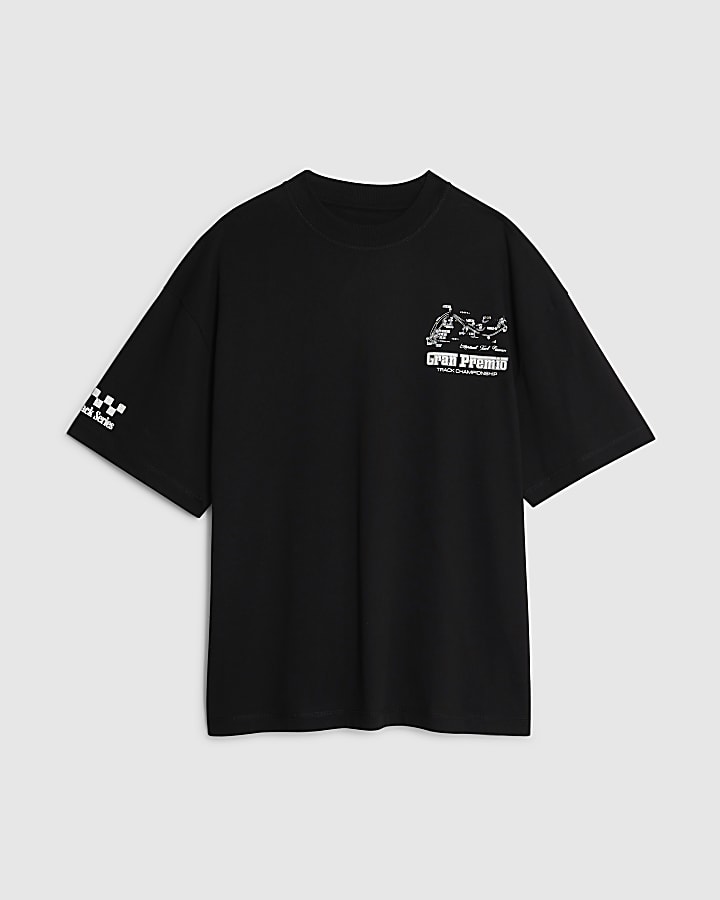 river island Black Oversized Fit Motorsport Logos T-Shirt