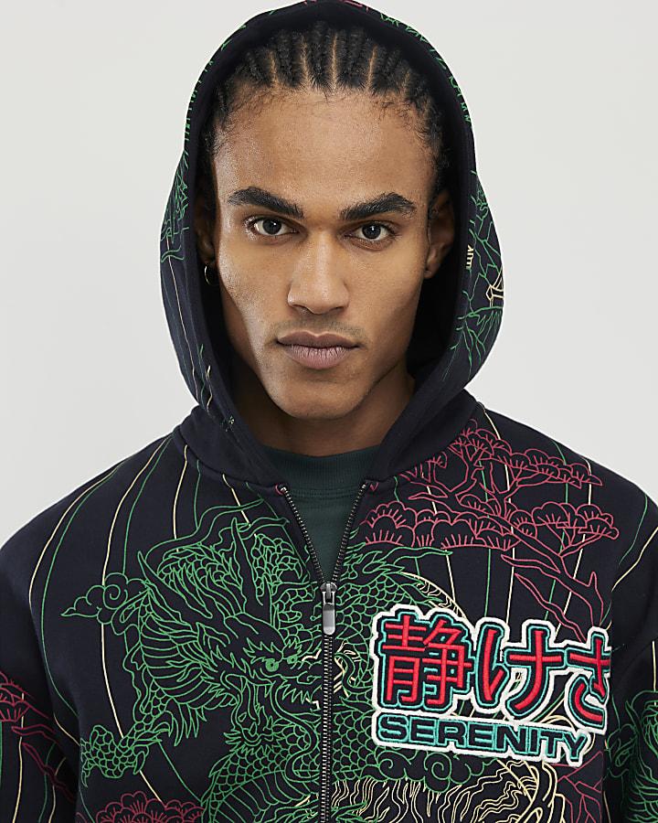 River Island Black Oversized Fit Serenity Dragon Hoodie