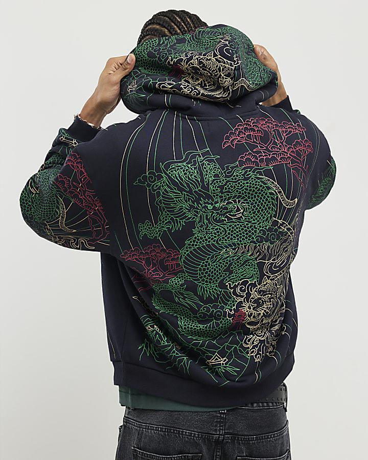river island Black Oversized Fit Serenity Dragon Hoodie