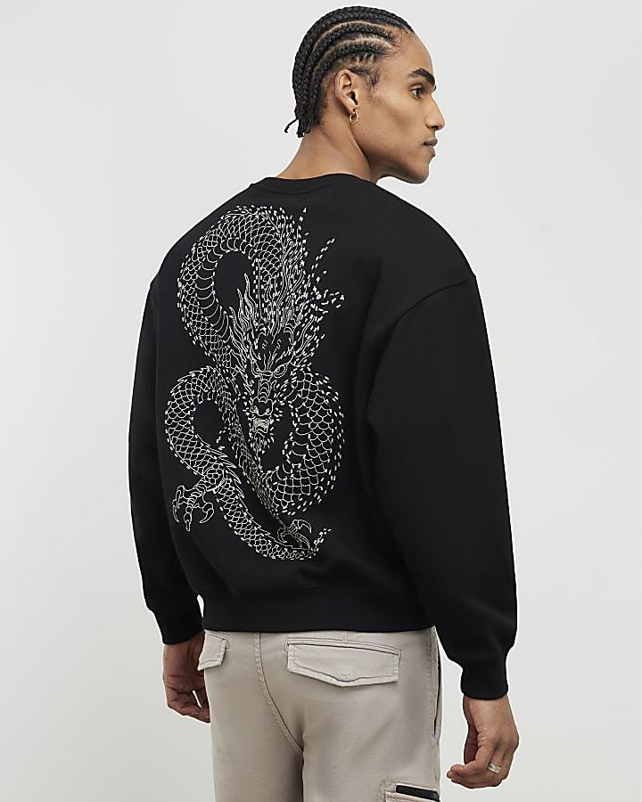 River Island Black Oversized Fit Tokyo Dragon Sweatshirt