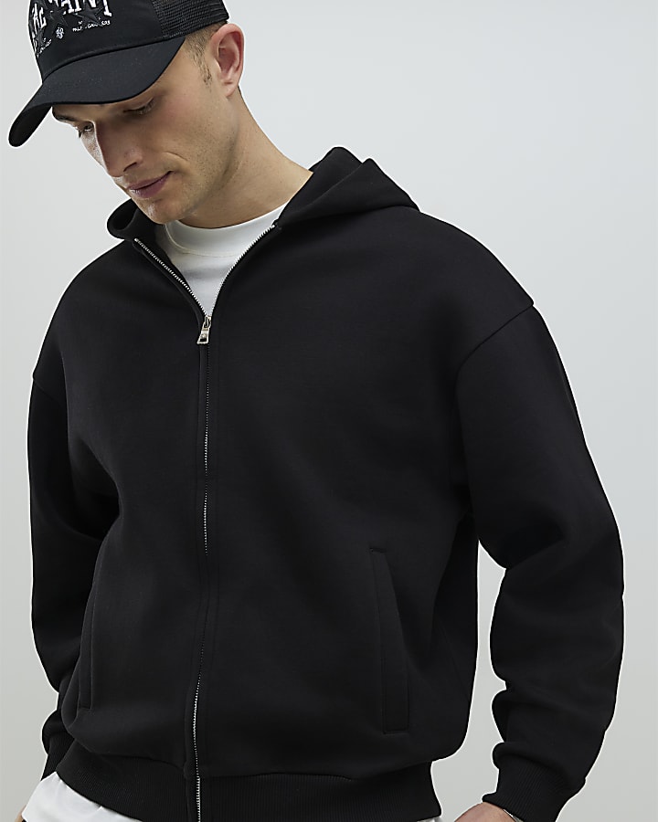 River Island Black Oversized Fit Zip Through Hoodie