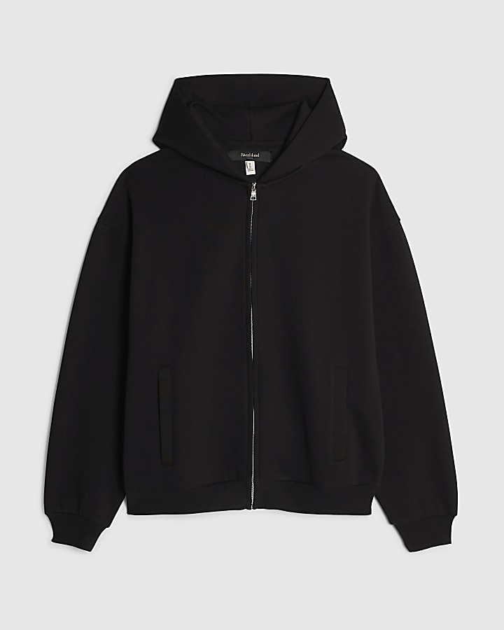 river island Black Oversized Fit Zip Through Hoodie