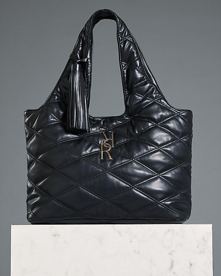 River Island Black Oversized Quilted RR Tassel Slouch Bag