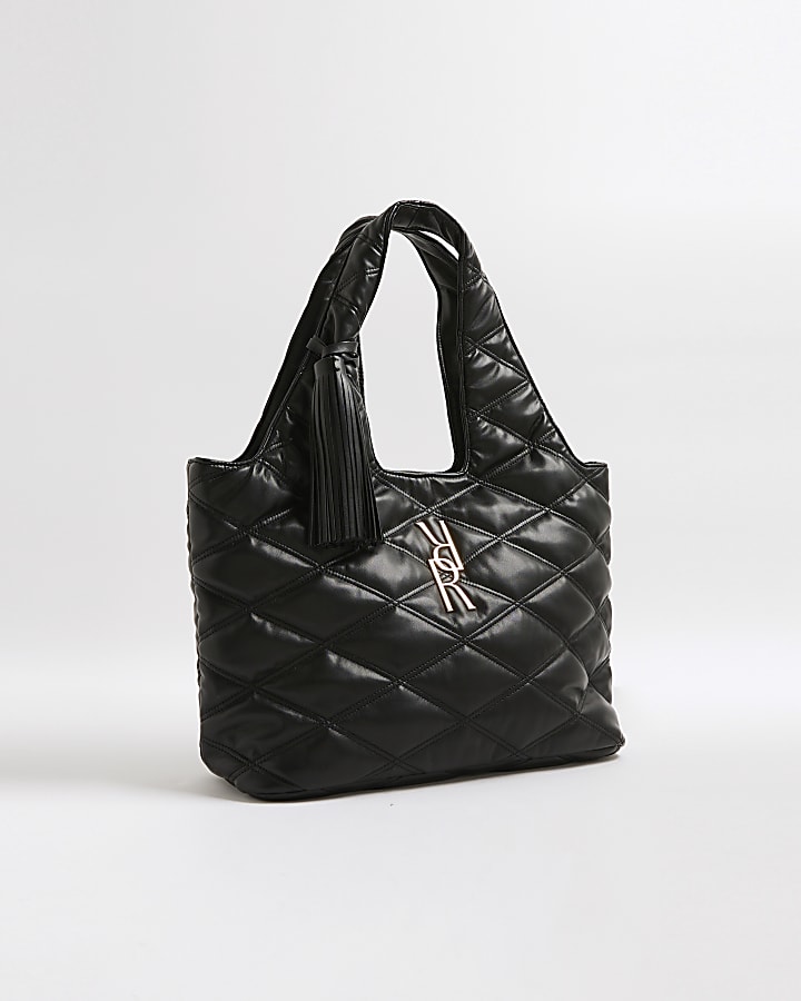 River Island Black Oversized Quilted RR Tassel Slouch Bag