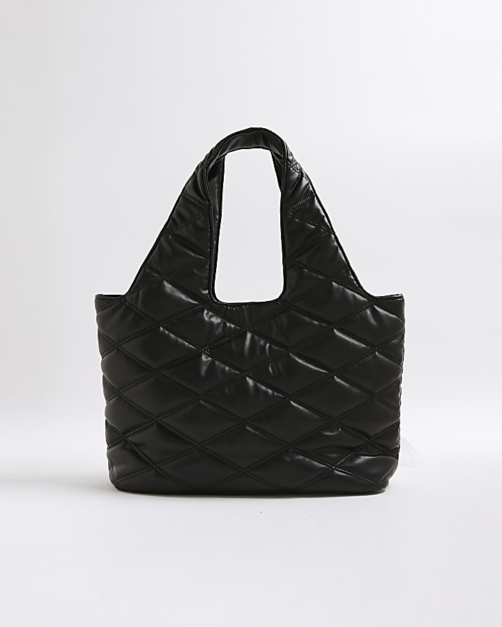 River Island Black Oversized Quilted RR Tassel Slouch Bag