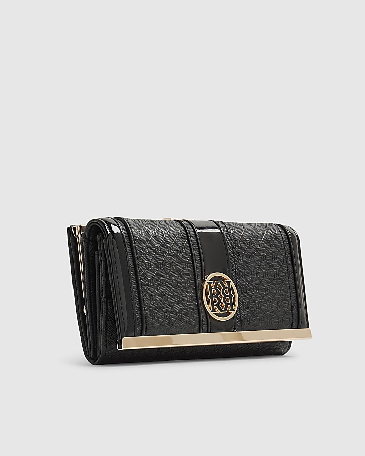 River Island Black Panelled Monogram Clip Top Purse