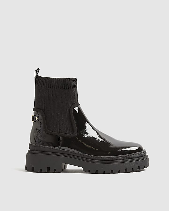 River Island Black Patent Chunky Knit Chelsea Boots
