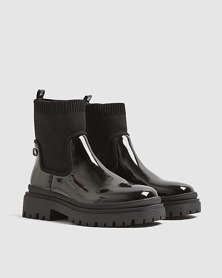 River Island Black Patent Chunky Knit Chelsea Boots