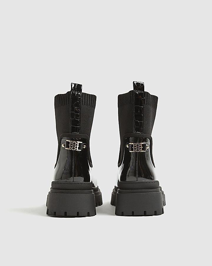 River Island Black Patent Chunky Knit Chelsea Boots