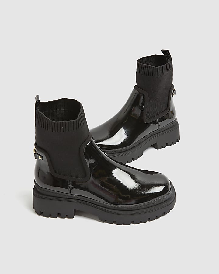 river island Black Patent Chunky Knit Chelsea Boots