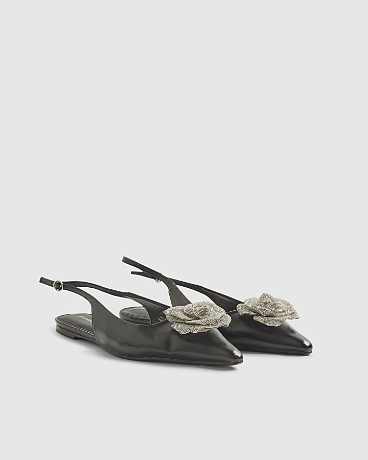 River Island Black Patent Flower Point Slingback Shoes