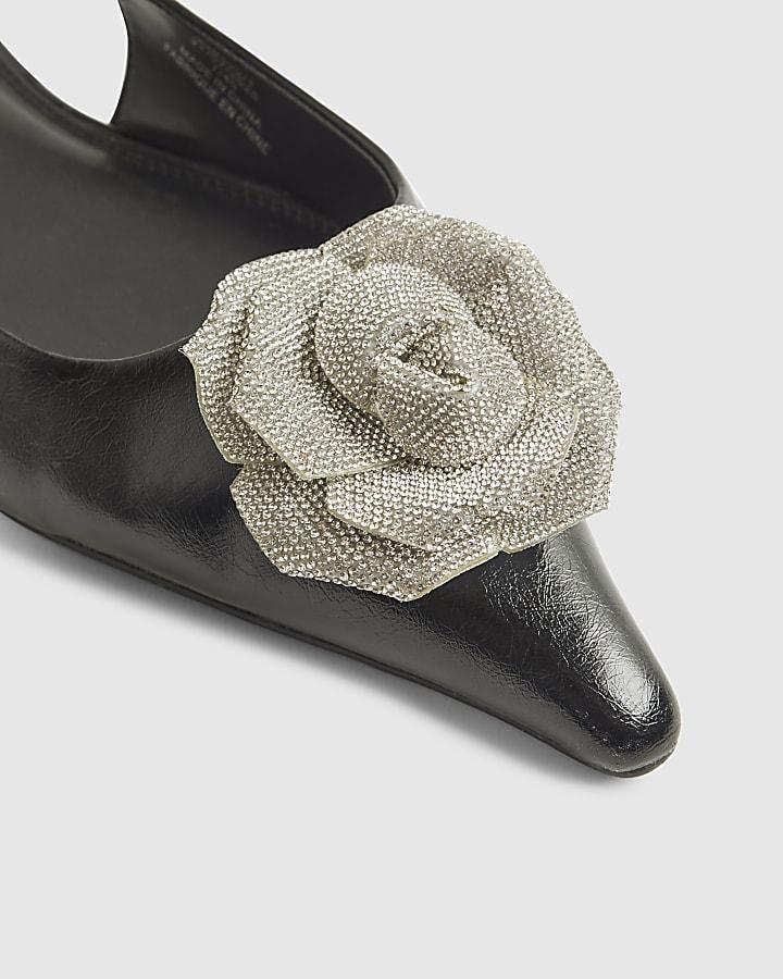 River Island Black Patent Flower Point Slingback Shoes