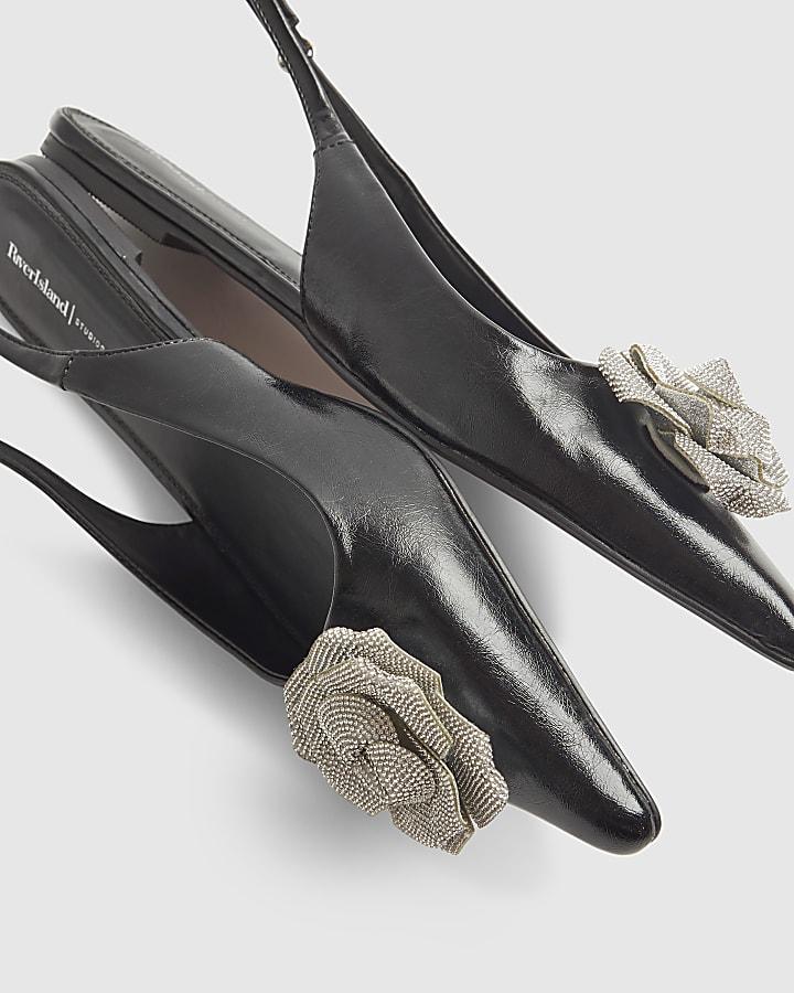 river island Black Patent Flower Point Slingback Shoes