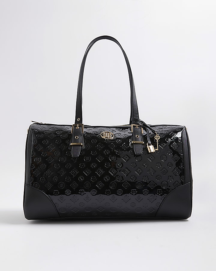 River Island Black Patent Monogram Charm Holdall Bag