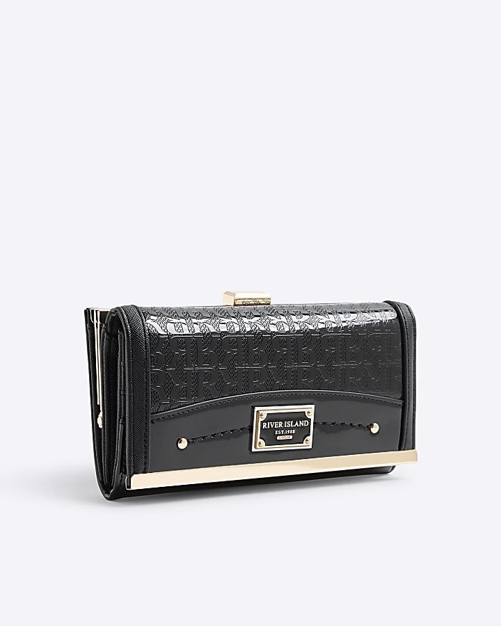 River Island Black Patent RI Monogram Panelled Purse