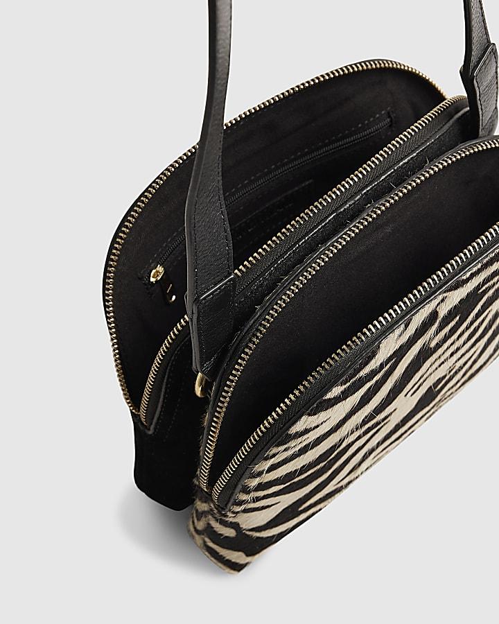 river island Black Pony Hair Leather Zebra Cross Body Bag