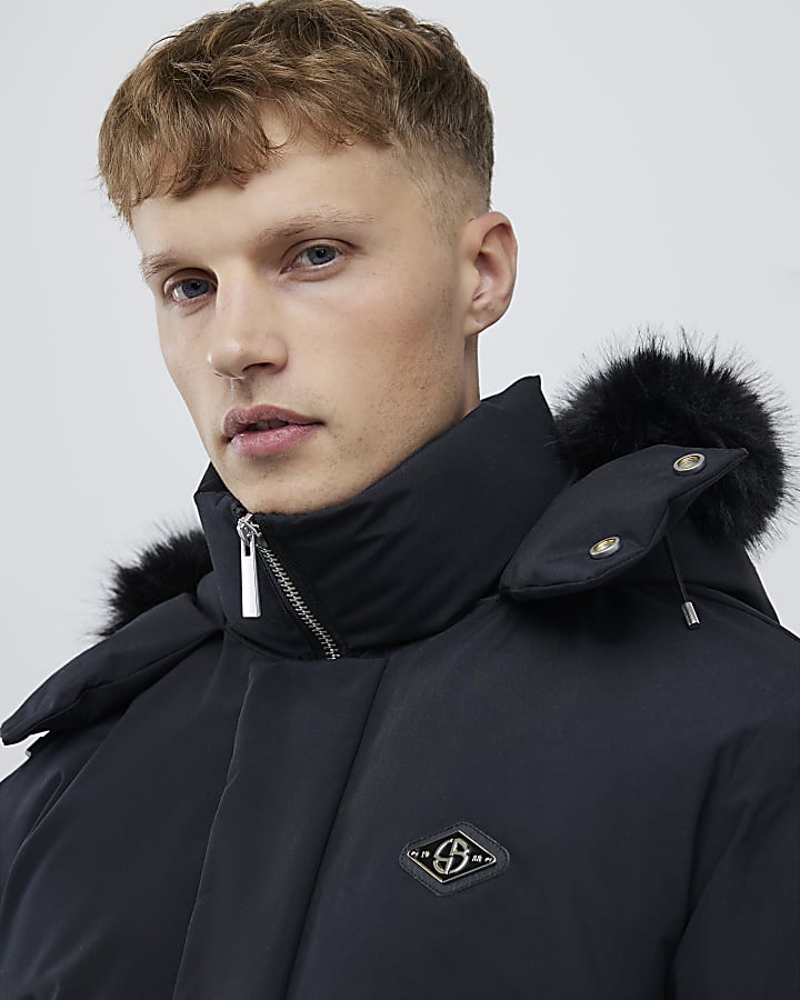 River Island Black Premium Faux Fur Trim Puffer Jacket